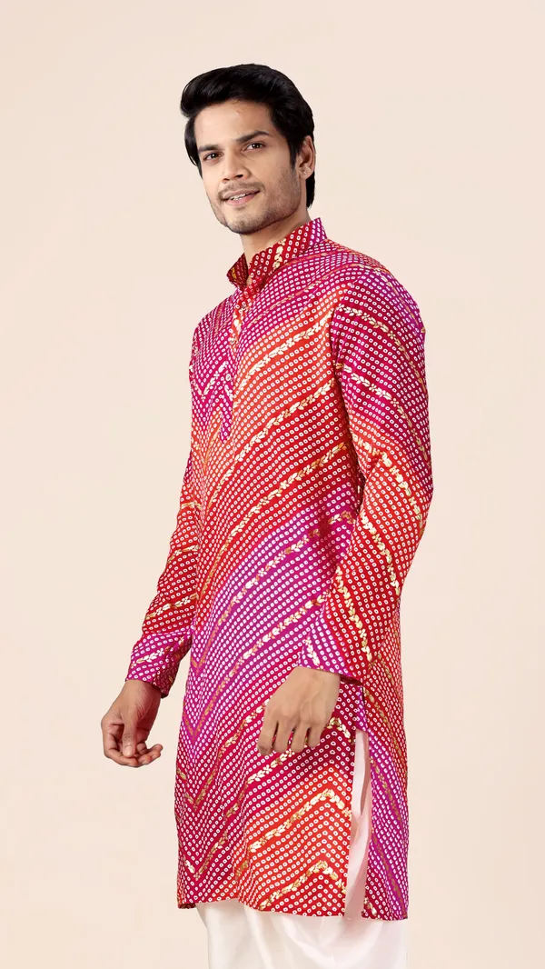 Pink_&_Red_Bandhani_Printed_Kurta_For_Men