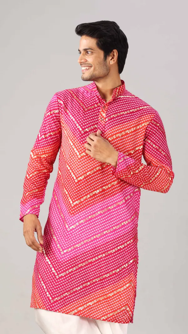 Pink_&_Red_Bandhani_Printed_Kurta_For_Men