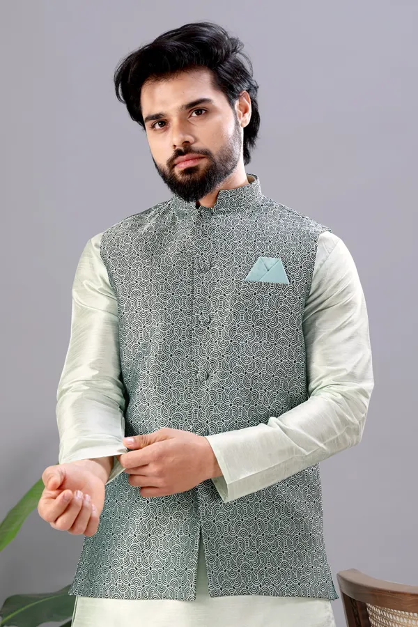 Pista_Green_Jacquard_Kurta_Koti_Set_For_Men