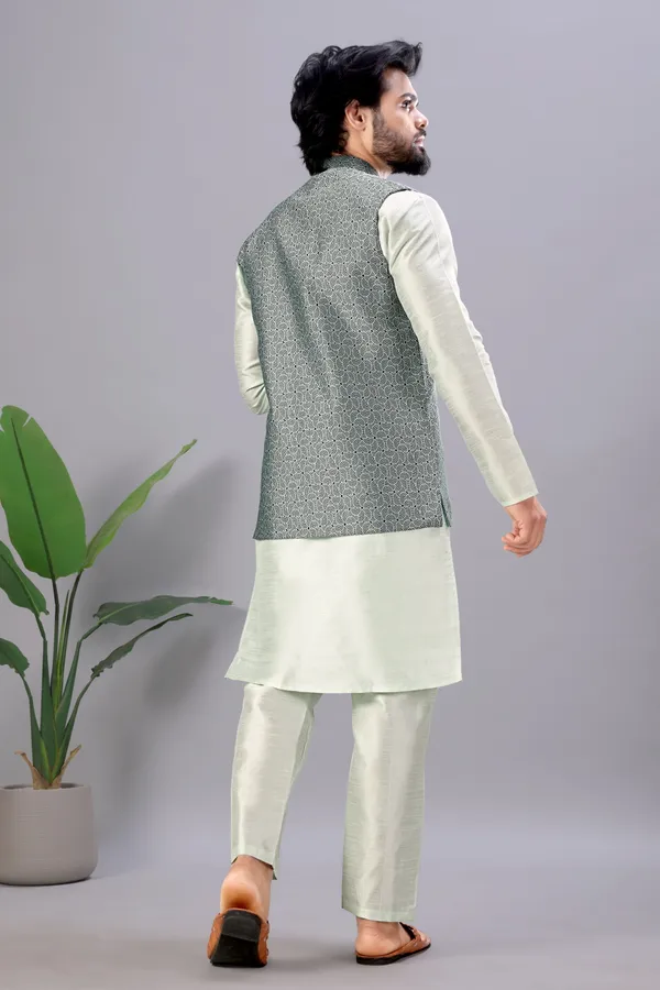 Pista_Green_Jacquard_Kurta_Koti_Set_For_Men