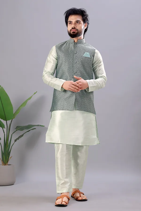 Pista_Green_Jacquard_Kurta_Koti_Set_For_Men