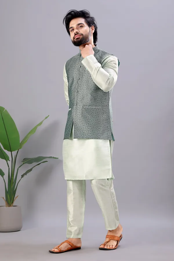 Pista_Green_Jacquard_Kurta_Koti_Set_For_Men