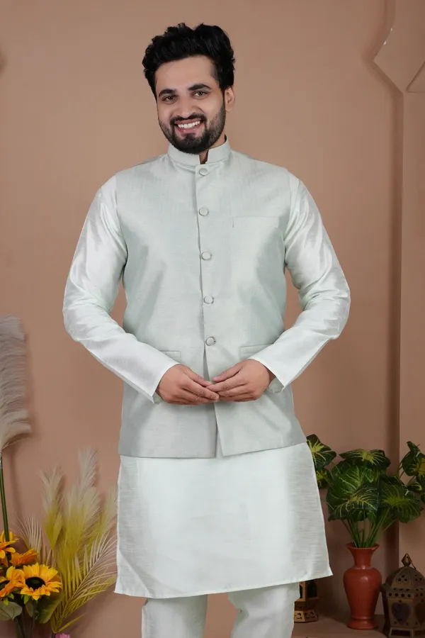 Pista_Jacquard_Kurta_Koti_Set_For_Men