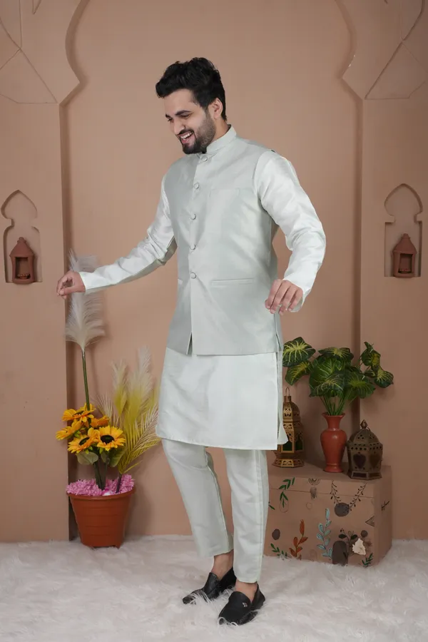 Pista_Jacquard_Kurta_Koti_Set_For_Men