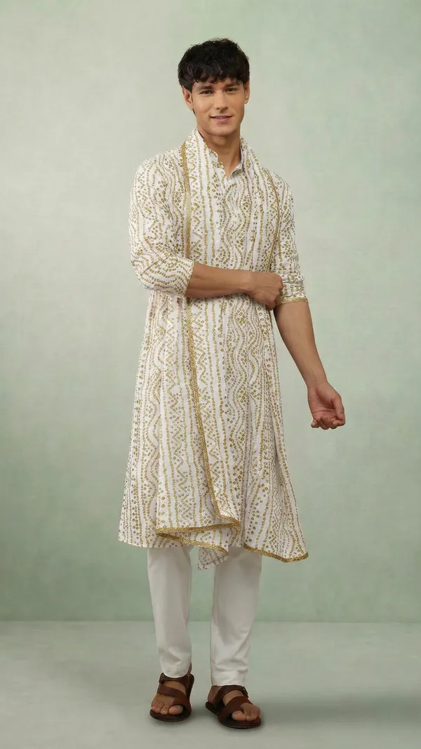 White_Bandhani_Dupatta_Kurta_Set_For_Men