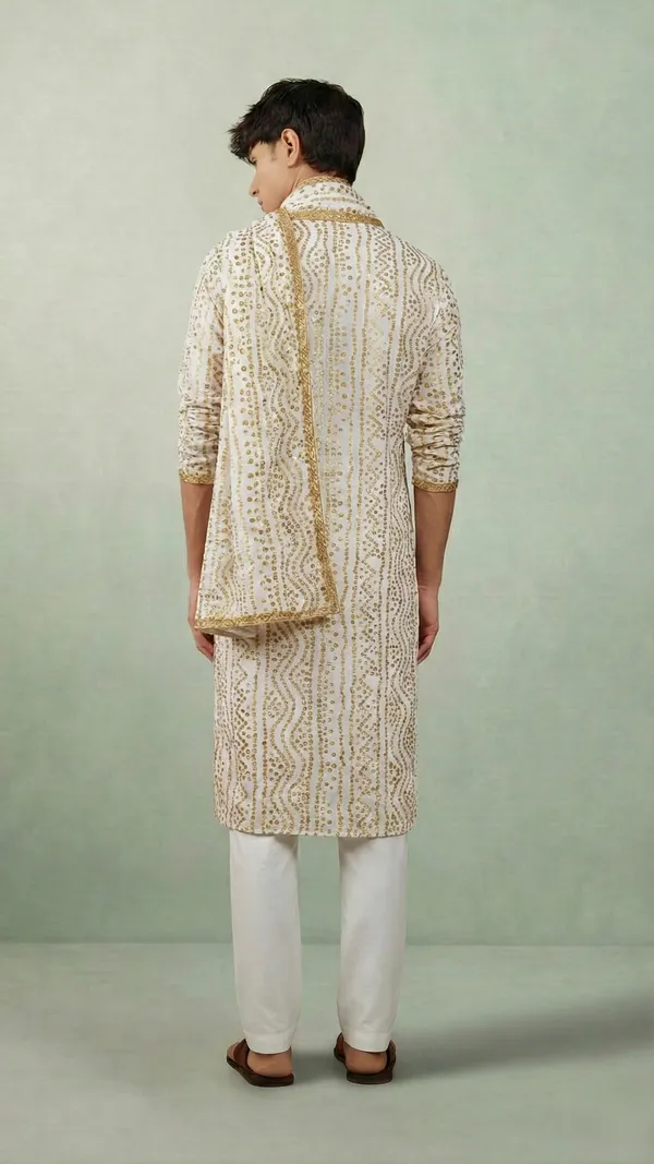 White_Bandhani_Dupatta_Kurta_Set_For_Men