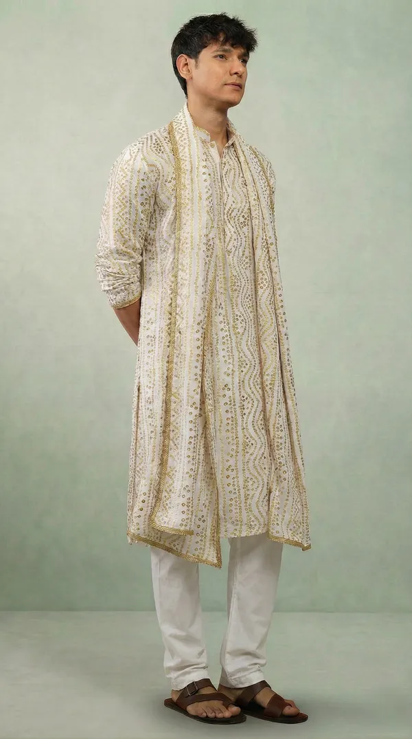 White_Bandhani_Dupatta_Kurta_Set_For_Men