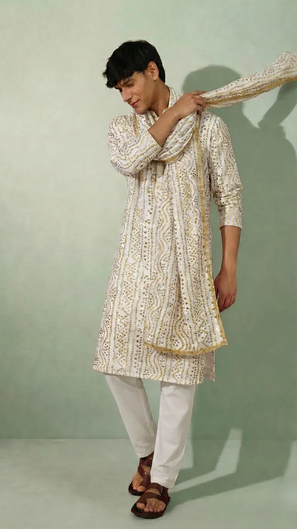 White_Bandhani_Dupatta_Kurta_Set_For_Men