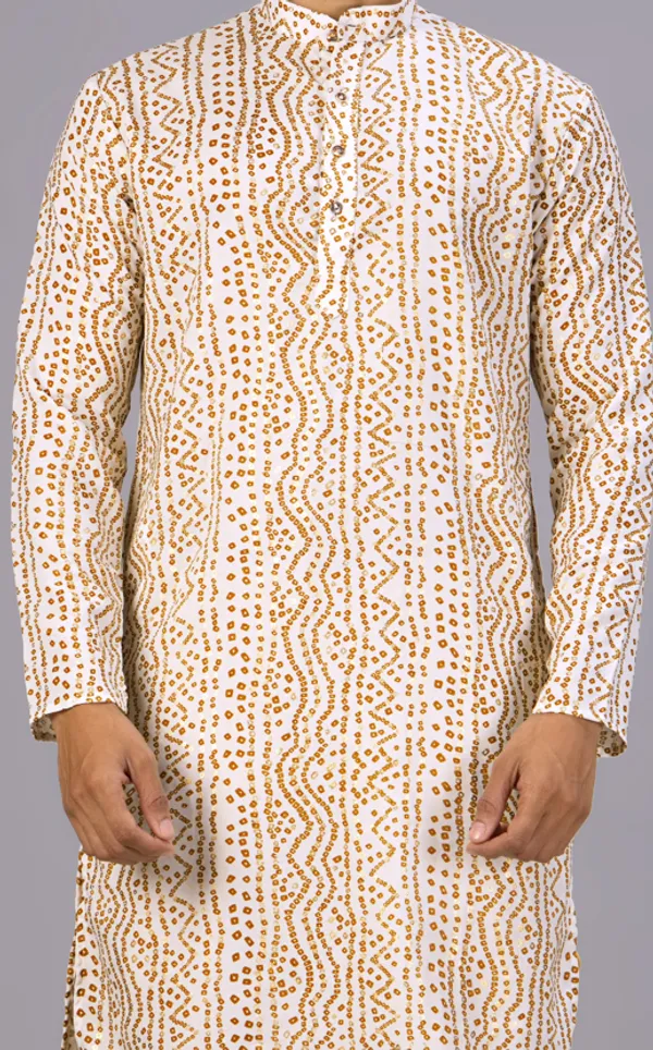 White_Bandhani_Dupatta_Kurta_Set_For_Men