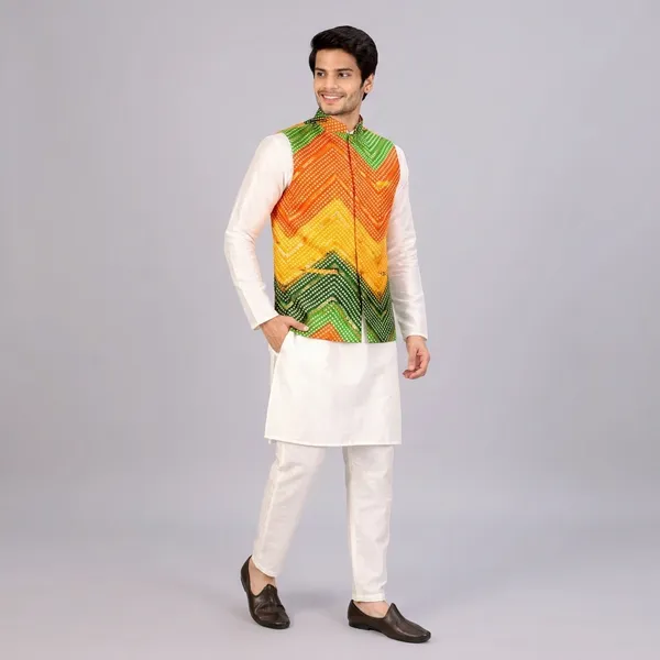 Multicolor_Bandhani_Kurta_Koti_Set_For_Men