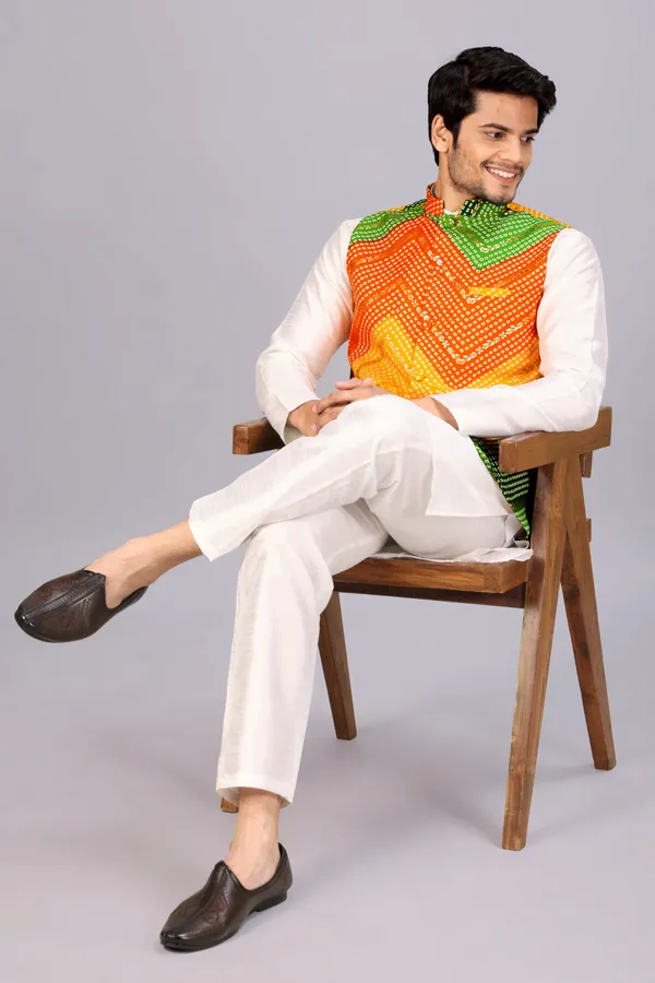 Multicolor_Bandhani_Kurta_Koti_Set_For_Men