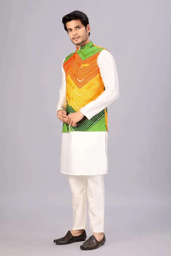 Multicolor_Bandhani_Kurta_Koti_Set_For_Men
