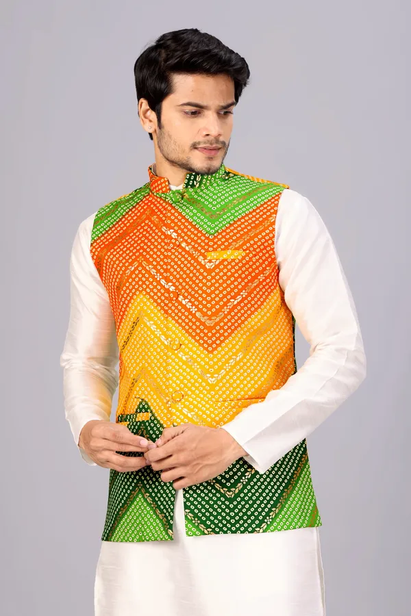 Multicolor_Bandhani_Kurta_Koti_Set_For_Men