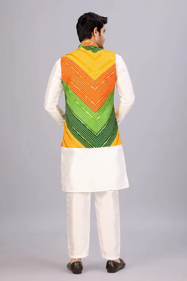 Multicolor_Bandhani_Kurta_Koti_Set_For_Men