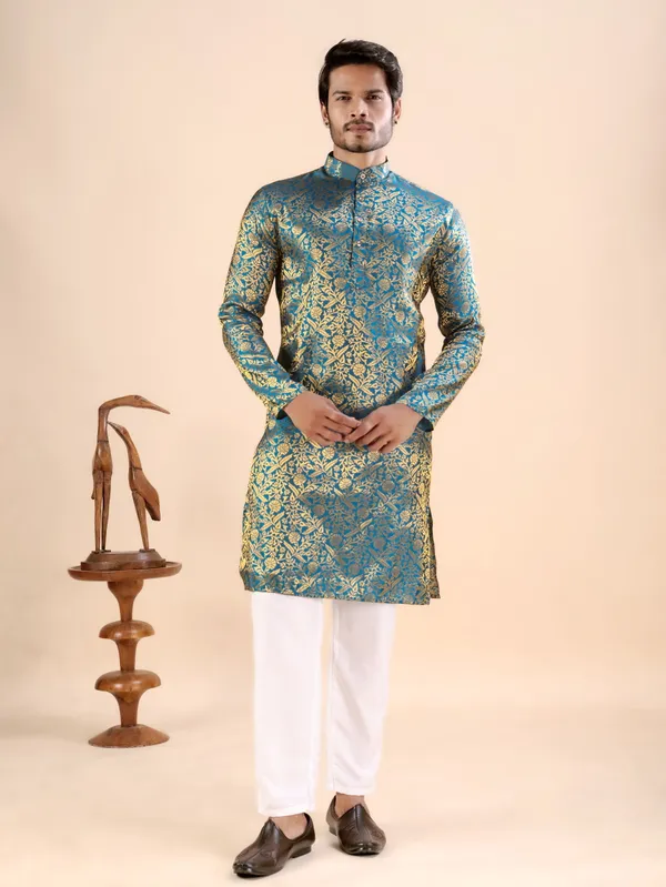 Rama_Green_Floral_Banarasi_Silk_Kurta_For_Men