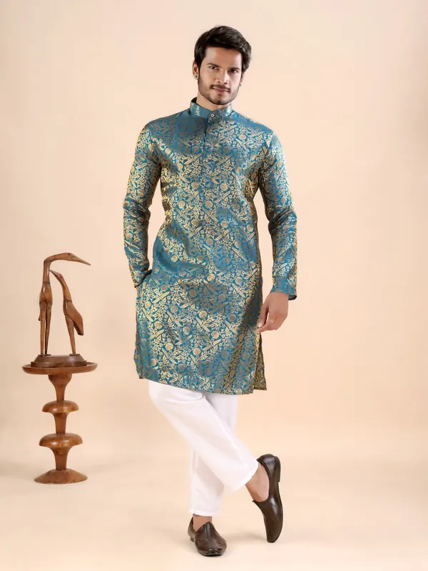 Rama_Green_Floral_Banarasi_Silk_Kurta_For_Men
