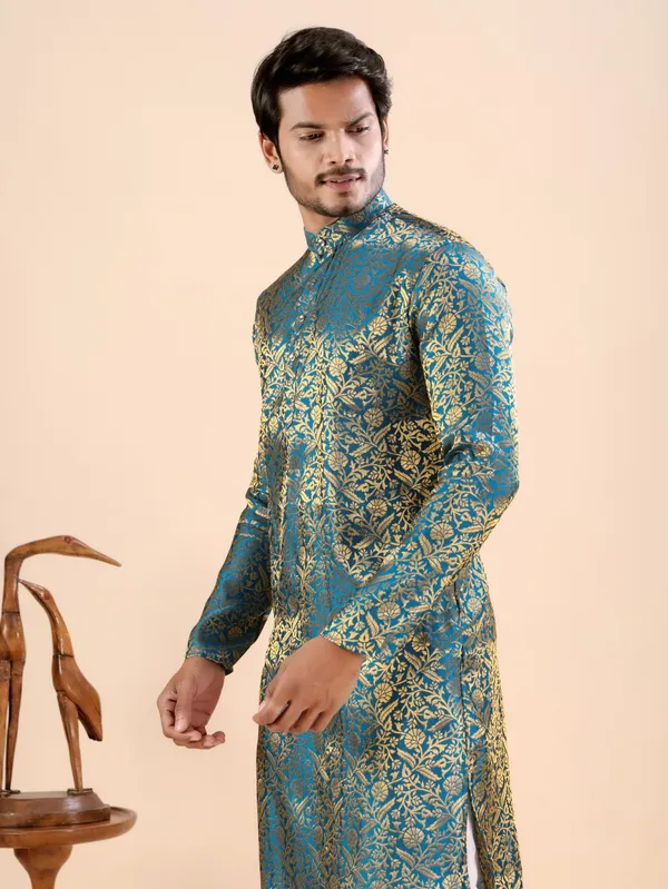 Rama_Green_Floral_Banarasi_Silk_Kurta_For_Men