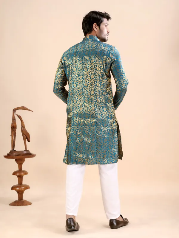 Rama_Green_Floral_Banarasi_Silk_Kurta_For_Men