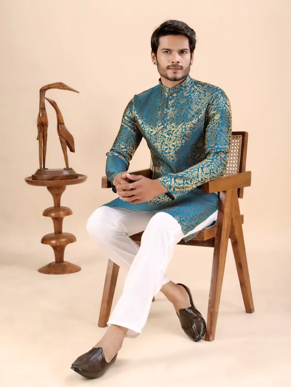 Rama_Green_Floral_Banarasi_Silk_Kurta_For_Men