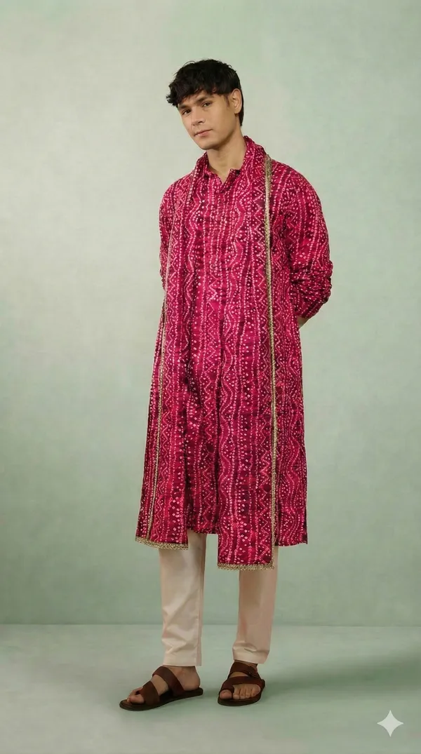 Rani_Pink_Bandhani_Dupatta_Kurta_Set_For_Men