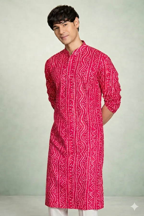 Rani_Pink_Bandhani_Dupatta_Kurta_Set_For_Men