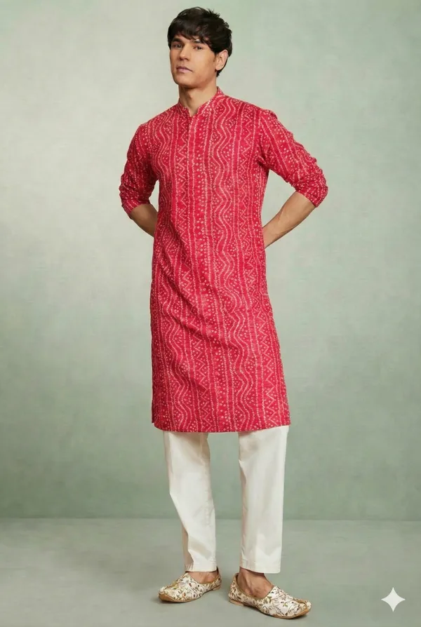 Rani_Pink_Bandhani_Dupatta_Kurta_Set_For_Men