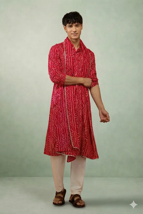 Red_Bandhani_Dupatta_Kurta_Set_For_Men