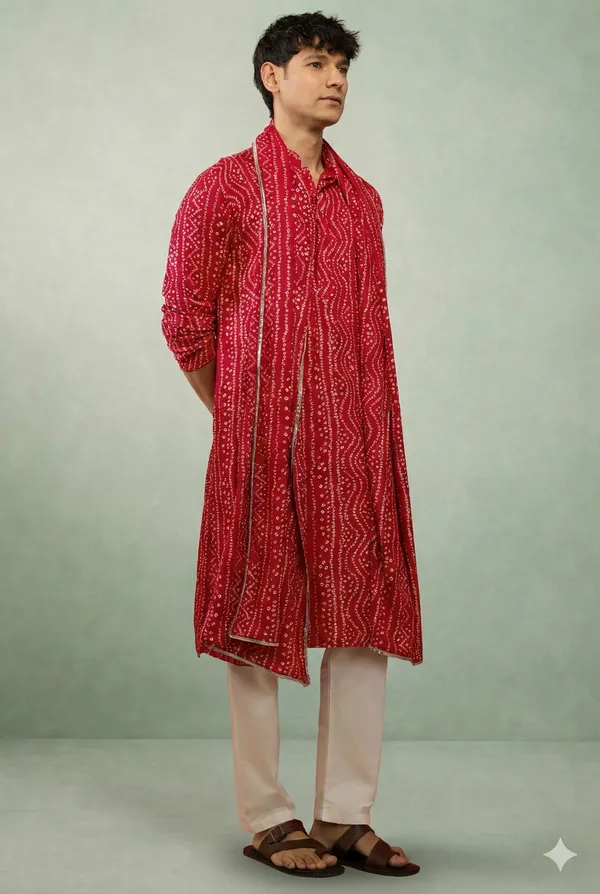 Red_Bandhani_Dupatta_Kurta_Set_For_Men