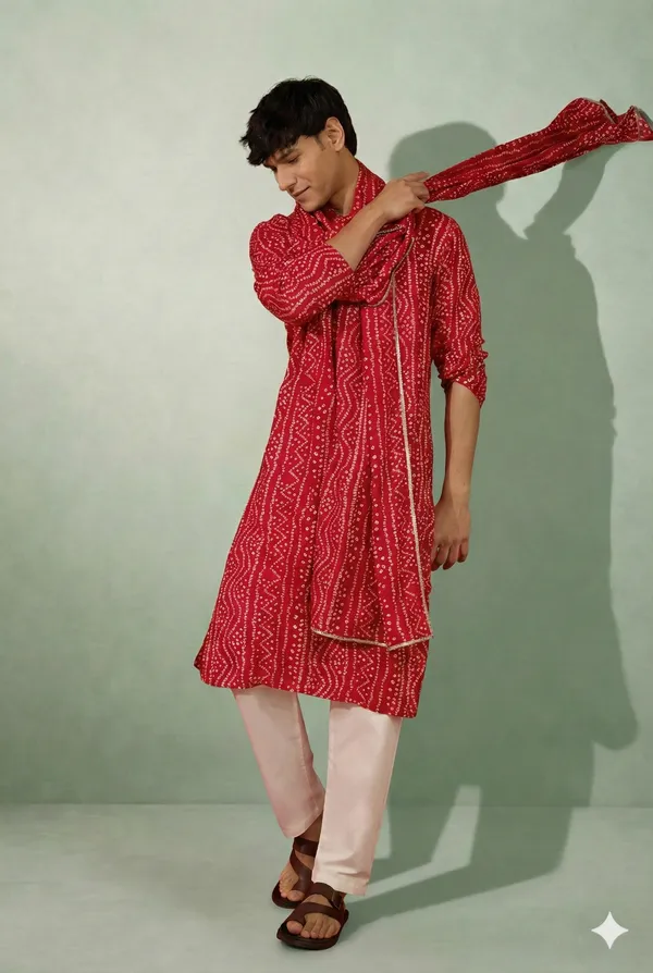 Red_Bandhani_Dupatta_Kurta_Set_For_Men