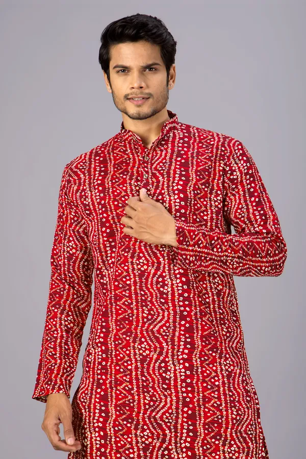Red_Bandhani_Printed_Kurta_For_Men