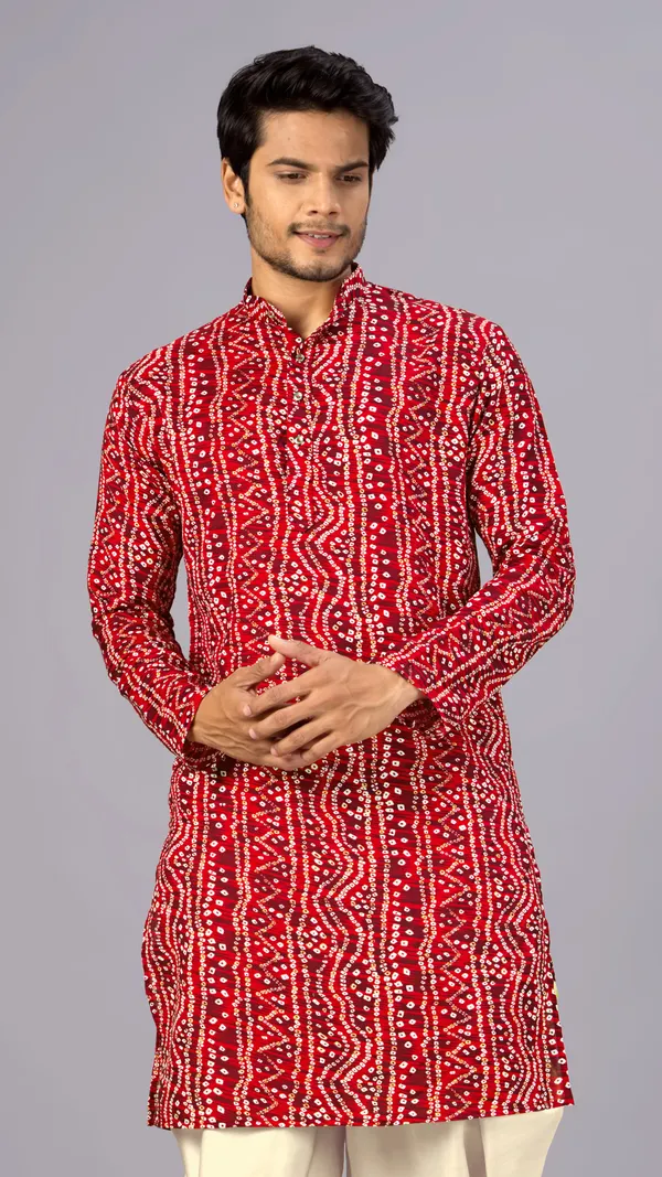 Red_Bandhani_Printed_Kurta_For_Men
