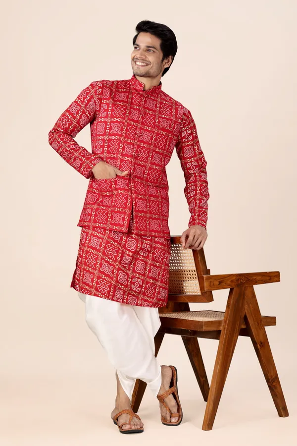 Red_Box_Print_Bandhani_Dhoti_Kurta_Koti_3_Piece_Set_For_Men