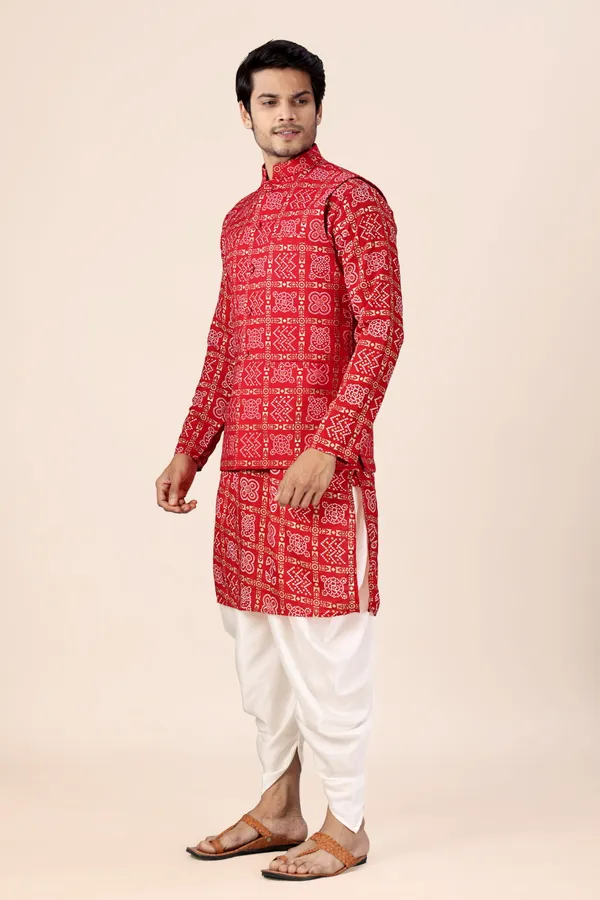 Red_Box_Print_Bandhani_Dhoti_Kurta_Koti_3_Piece_Set_For_Men