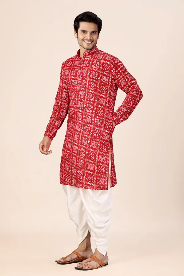 Red_Box_Print_Bandhani_Dhoti_Kurta_Koti_3_Piece_Set_For_Men