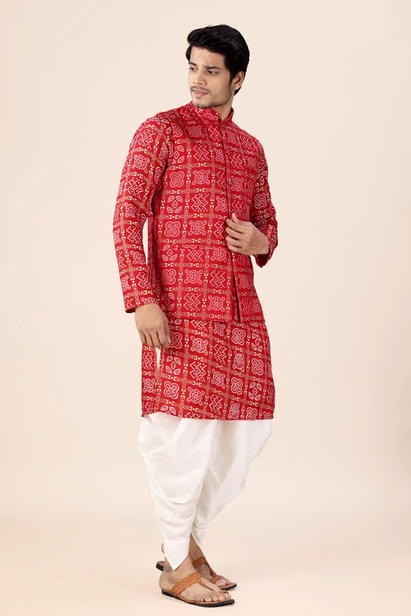Red_Box_Print_Bandhani_Dhoti_Kurta_Koti_3_Piece_Set_For_Men