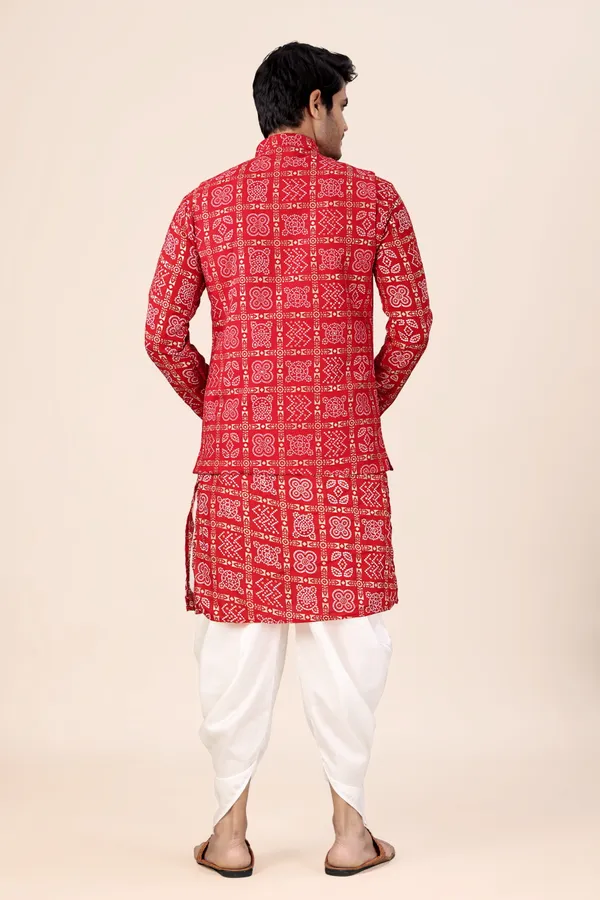 Red_Box_Print_Bandhani_Dhoti_Kurta_Koti_3_Piece_Set_For_Men