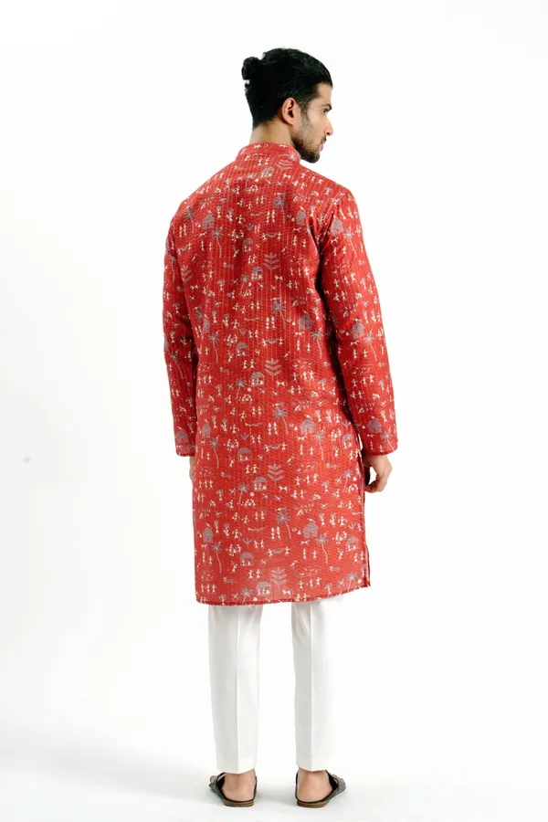 Red_Crochet_Printed_Kurta_For_Men