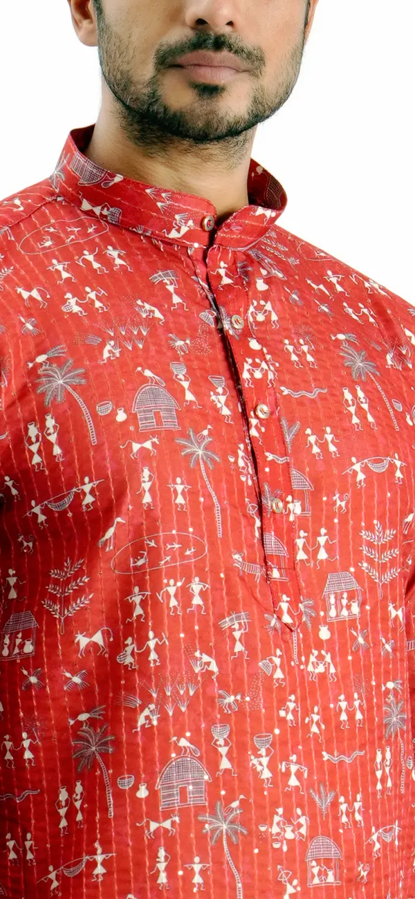 Red_Crochet_Printed_Kurta_For_Men