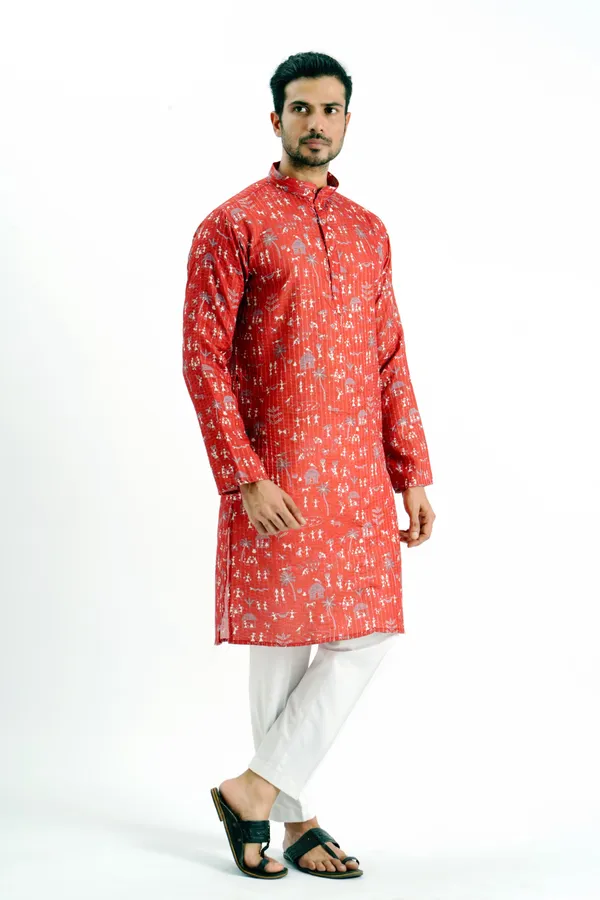 Red_Crochet_Printed_Kurta_For_Men