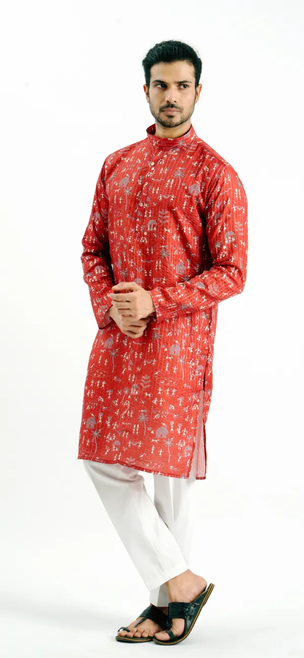 Red_Crochet_Printed_Kurta_For_Men
