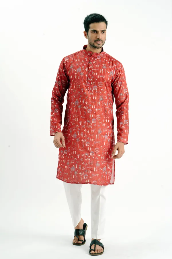 Red_Crochet_Printed_Kurta_For_Men
