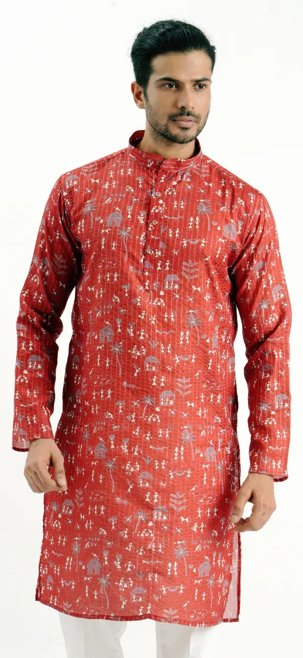 Red_Crochet_Printed_Kurta_For_Men