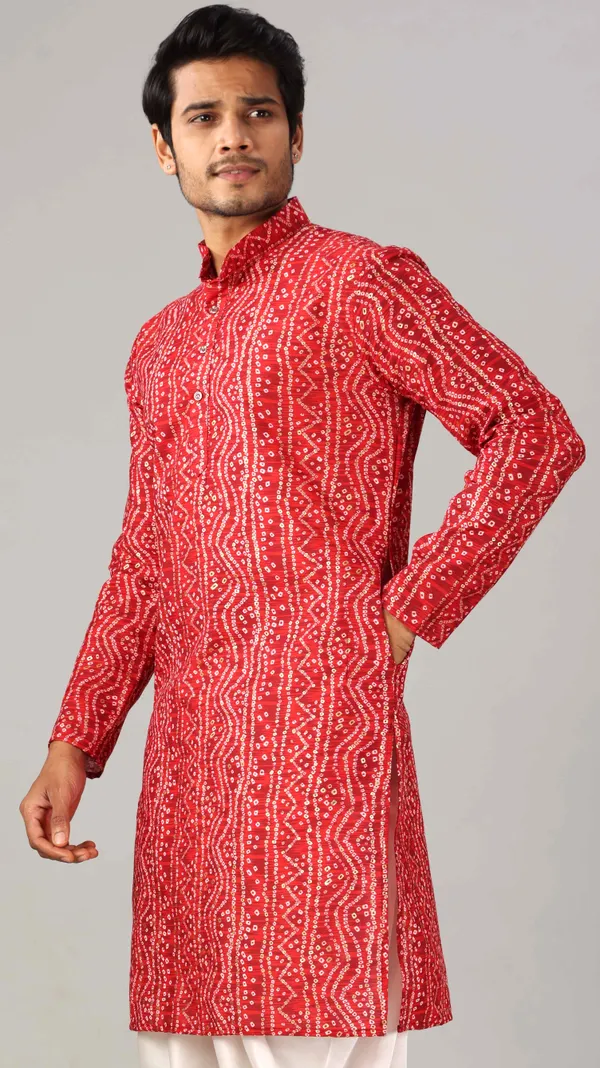 Red_Dotted_Bandhani_Kurta_For_Men