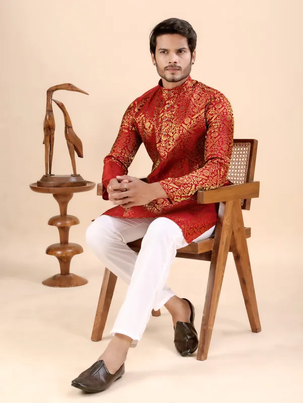 Red_Floral_Banarasi_Silk_Kurta_For_Men