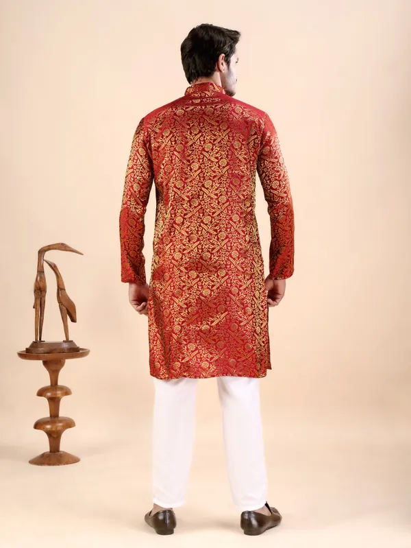 Red_Floral_Banarasi_Silk_Kurta_For_Men