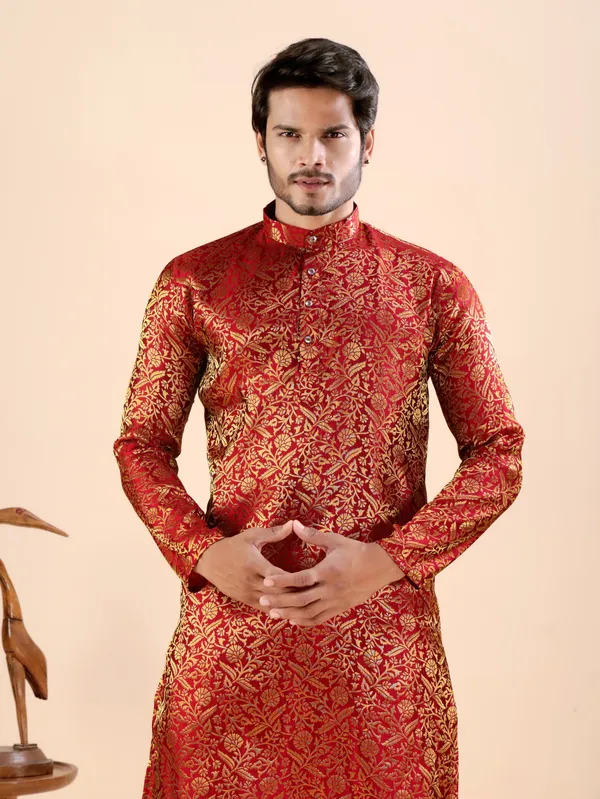 Red_Floral_Banarasi_Silk_Kurta_For_Men
