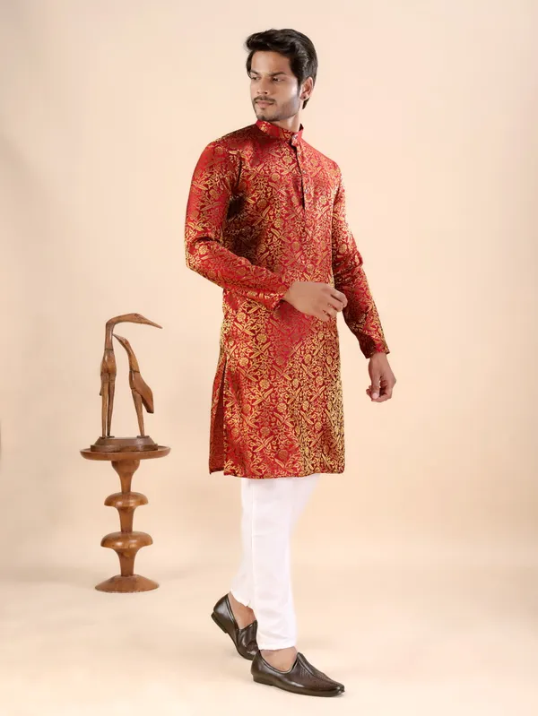 Red_Floral_Banarasi_Silk_Kurta_For_Men