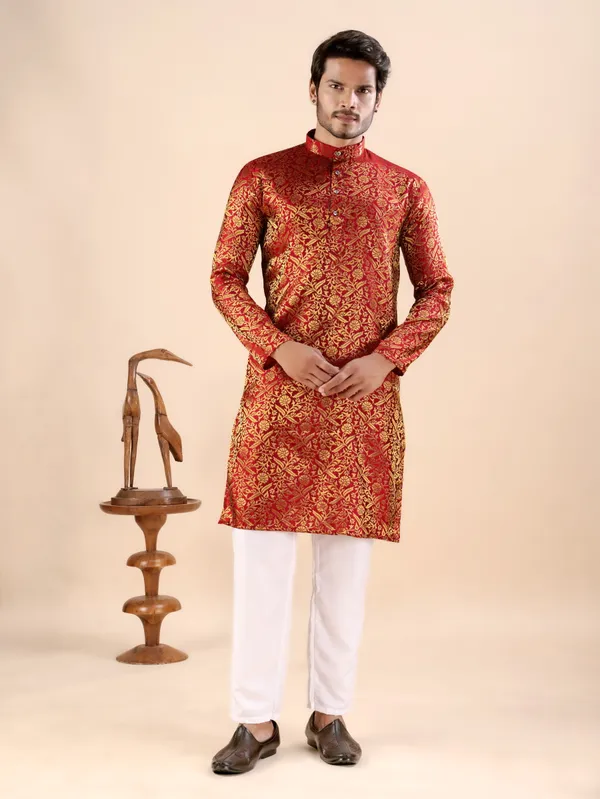 Red_Floral_Banarasi_Silk_Kurta_For_Men