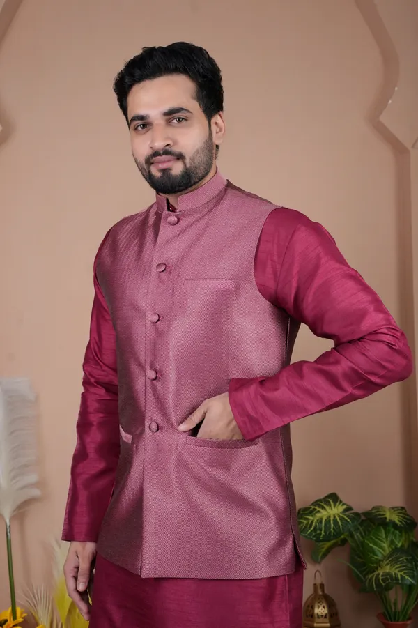 Dark_Pink_Jacquard_Kurta_Koti_Set_For_Men