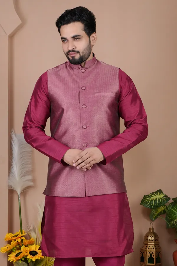 Dark_Pink_Jacquard_Kurta_Koti_Set_For_Men